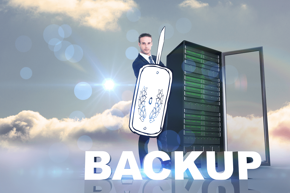 Businessman with sword and shield by server, server backup concept